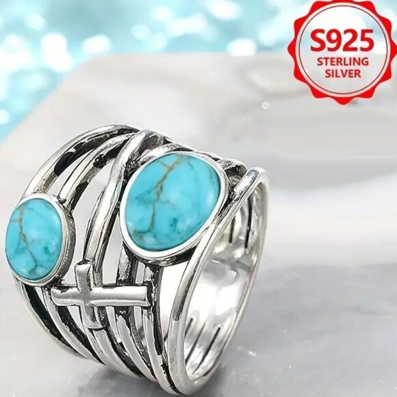 Size 8 Sterling SIlver Turquoise Ring Gemstone with Cross - Picture 5 of 5